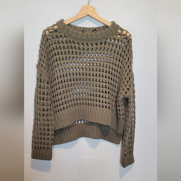 Open Crochet Knit Olive Green Oversized Knit Sweater Size Small - Picture 1 of 4
